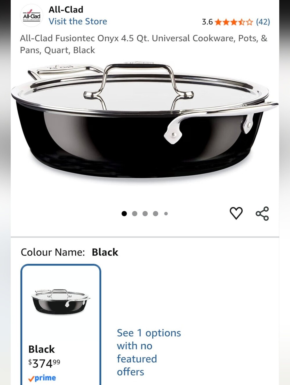 All-Clad Fusiontec Onyx 4.5 Qt Universal Cookware Lidded Pot Black Stainless Pan